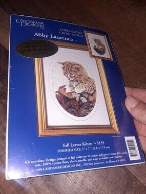 Candamar Designs 'Fall Leaves Kitten' Embellished Cross Stitch Kit - Blue